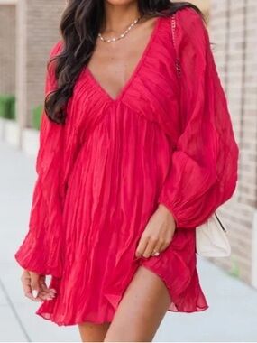 NWT LE LIS Red Pleated Babydoll Mini Dress Balloon Sleeve Boho Romantic XS